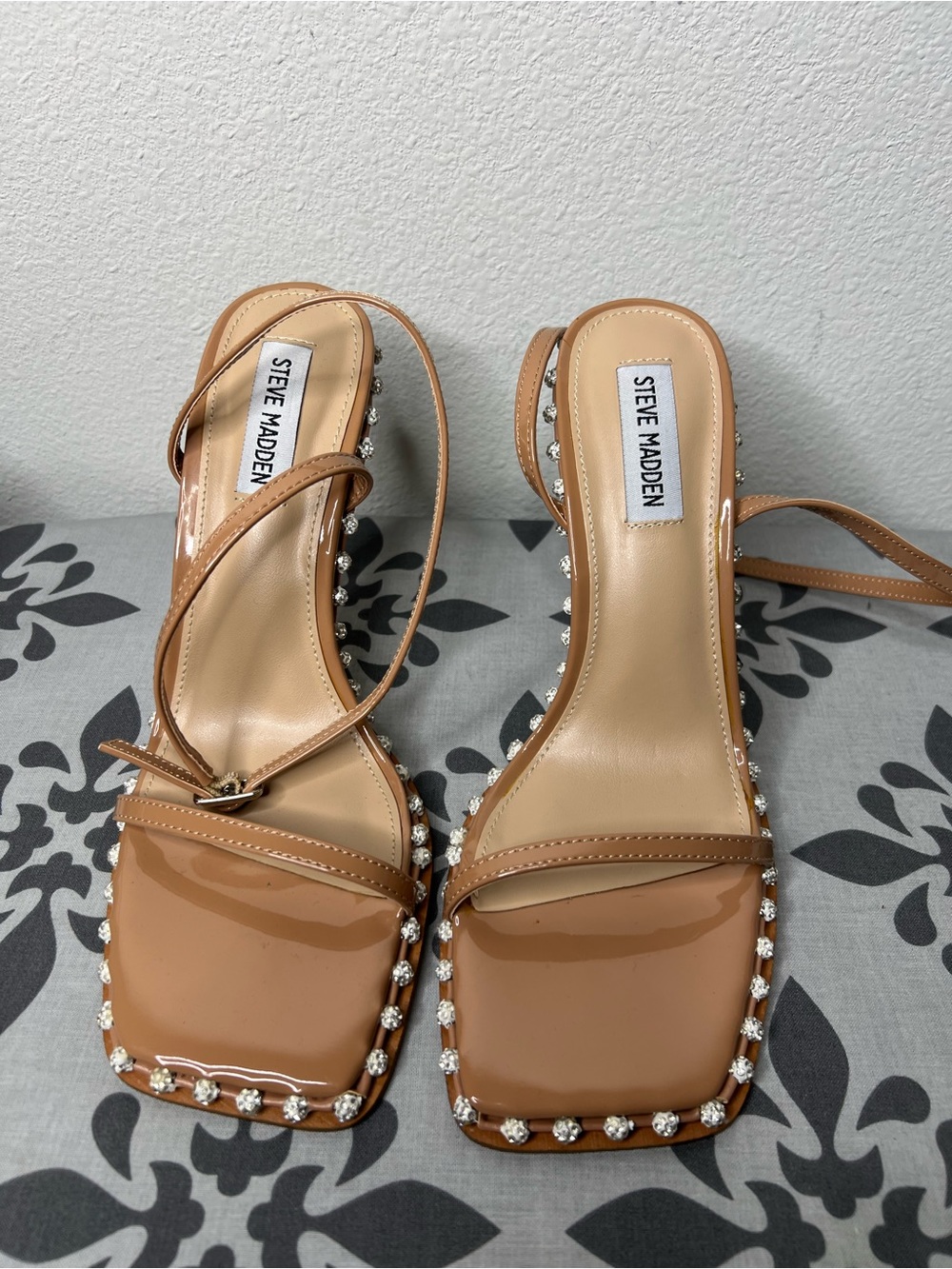 Steve Madden Nude Patent Crystal-Trim Strappy Heels